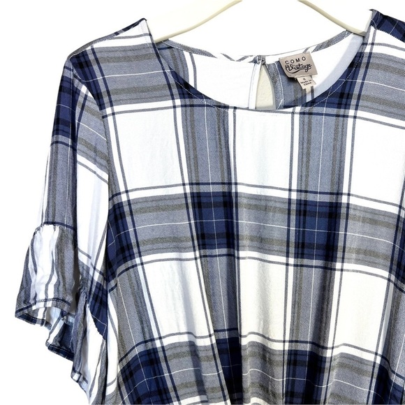Como Vintage Blue and White Plaid Flutter Ruffle Sleeve Front Tie Top Size Small - Picture 5 of 16